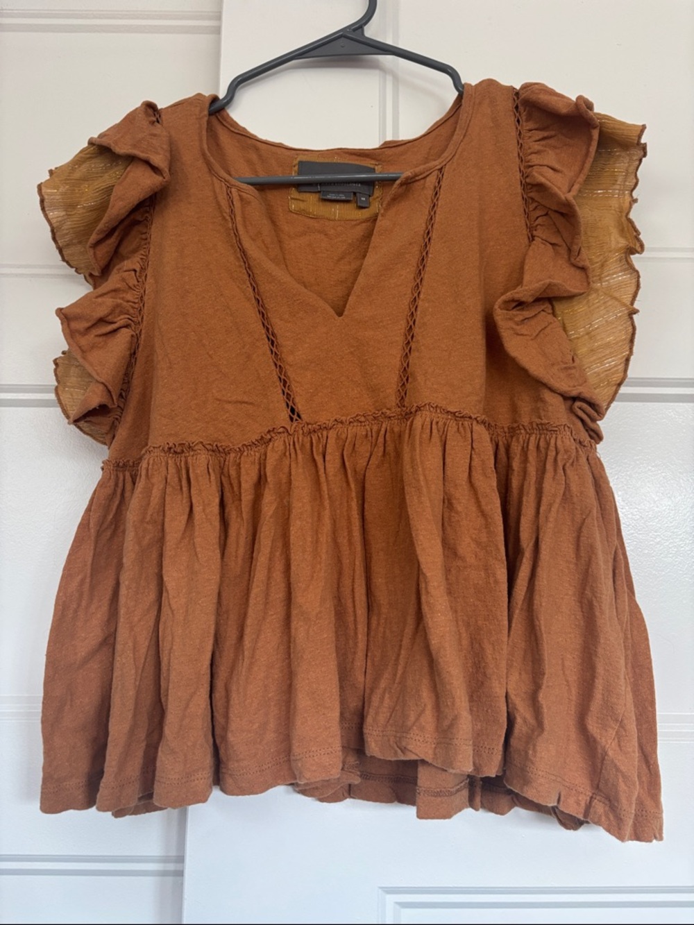 Anthropologie Rust Ruffle-Sleeve Peasant Tunic